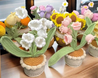 Flowers in crochet pots, home decoration, knitted bouquet, large knitted flowers for tabletop, sunflowers, tulips, roses, handmade gifts