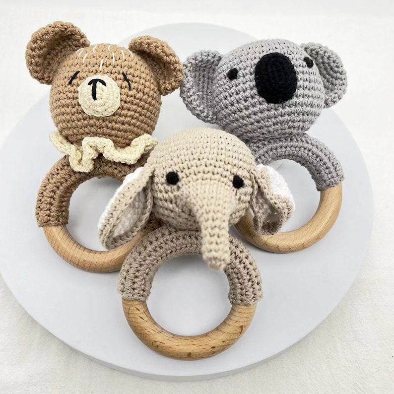 Personalized baby crochet rattle/wooden teething ring/newborn custom crochet wooden toy ring/birth gift/eco-friendly natural grip toy image 2