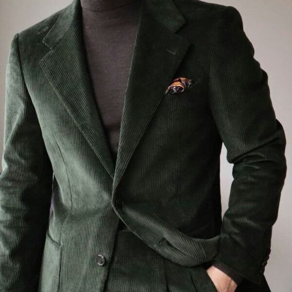 Trending Corduroy Green 2 Piece suit For Men's Blazer Celebration suit, wedding bespoke, parties Groomsmen Suit, Wedding Attire