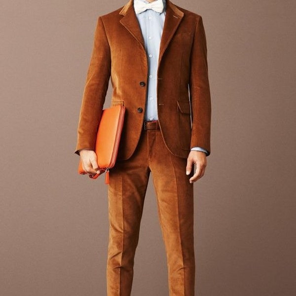 Trend Casual Two Piece Rust Velvet Men's Blazer Office Wear Parties Groomsmen Suit, Wedding Attire, Winter suit