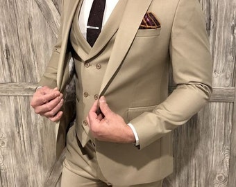 Trending 3 Piece Cream Suit for man Blazer Party Wear grooms men suit, outfit wedding prom bespoke, Parties Groomsmen Suit, Wedding Attire