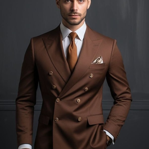 Luxus Herren Brown Doppel Brest Anzug Für Herren Party Wear Büro Tragen Partys Groomsmen Anzug, Hochzeitskleidung