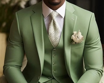 Luxus-Salbeigrüner dreiteiliger Anzug, Herrenhochzeitsanzug, Groomsmen-Anzug, Bräutigam-Abnutzungsanzug, eleganter Anzug, Hochzeitskleidung