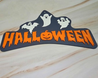 Halloween lettering wall decoration with ghosts and pumpkin, door sign for hanging, spooky decoration, 3D printed