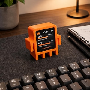 Könnte beinhalten: Ein leuchtend oranges, roboterförmiges digitales Anzeigegerät mit einem quadratischen Bildschirm, der Daten wie 15:07, 65% aktuell, 81% wöchentlich und den Text Channeling anzeigt. Das Gerät hat eine strukturierte Oberfläche, zwei Arme und drei Standbeine.