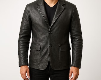 Men’s Pure Leather Jacket – Black Genuine Leather Blazer | Handmade Slim Fit Outerwear