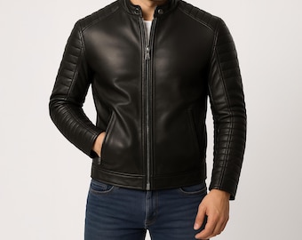 メンズ スリムフィット レザージャケット – バイカースタイル ジップ