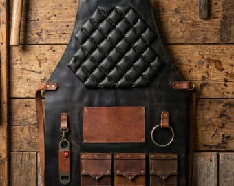 Genuine Leather Work Apron, Quilted Chest Panel, Adjustable Cross Back Straps, Woodworker Tool Apron