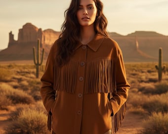 Vintage Brown Suede Fringe Jacket: Western Women’s Cowgirl Leather Coat for Boho Fall Fashion