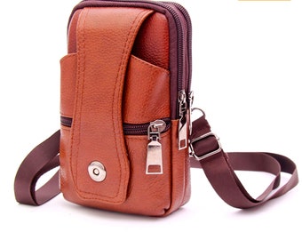 Retro Genuine Leather Messenger Bag for Men - Cell Phone Waist Belt Bag