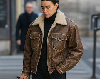 ヴィンテージブラウンレザートラッカージャケット：シアリングカラー