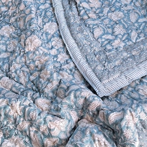 Pale Blue Duvet Cover Set Hand Block Printed Cotton Bedding Coverlet Bed Cover - Cotton Filled Warm Quilt Blanket