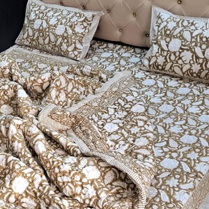 Cotton Bed Sheet & Pillowcases, Hand Block Printed Quilt, Brown Floral Cotton Duvet Cover Set | Boho Bedspread Quilts for Sale