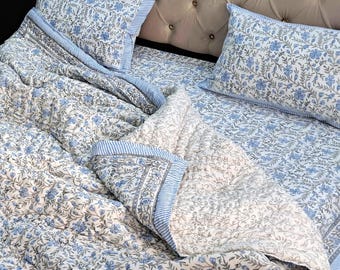 Blue and Gray Reversible Duvet Cover & Pillow Shams, Hand Block Printed Handmade Cotton Duvet Cover Set | Comforter Cover | New Home Gfits