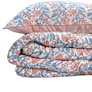 Wildflower Print Cotton Quilt, Boho Coverlet Bedspread Quilted Blanket, Pink Blue Bedspread Quilts for Sale, Hand Block Printed Kantha Quilt