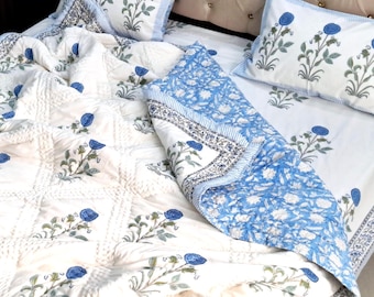 Hand Quilted Cotton Kantha Quilt, Soft Cotton Bed Sheet and Pillow Covers - Blue Floral Block Print Cotton Bedding Set | Gift For Couples