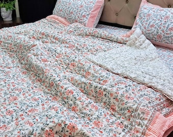 Pink Floral Print Queen Quilt Bedspread, Soft Summer Blanket, All Season Quilt, Natural Cotton Quilt, Indian Hand Block Printed Comforter