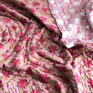 Rose Pink Cotton Quilt, Indian Hand Block Printed Quilt Bedspread, Floral Printed Queen Comforter, Queen Size Quilt, Block Printed Bedspread