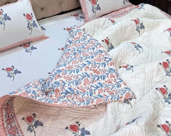 Reversible Cotton Block Print Quilt: Organic Cotton Quilt, Pink Floral Bedcover, Kantha Stitch Bedding