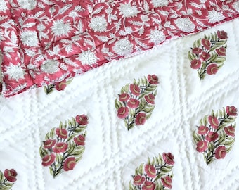 Red Rose Floral Print Cotton Quilt / Hand Block Print Quilted Throw Blanket / Handmade Boho Bedding Cotton Comforter