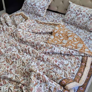 Reversible Honey Yellow Cotton Quilt, Hand Block Print Kantha Blanket, Lightweight Boho Throw Indian Floral Bedding, Farmhouse Decor Bedding