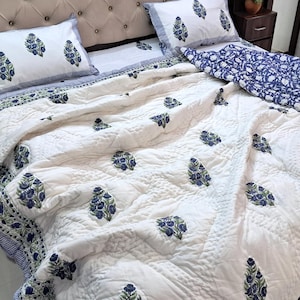 Blue Quilt Comforter, Block Printed Blue and Green Quilted Blanket, Handmade Vintage Bedding Comforters Bedspread Cotton Throw Kantha Quilt