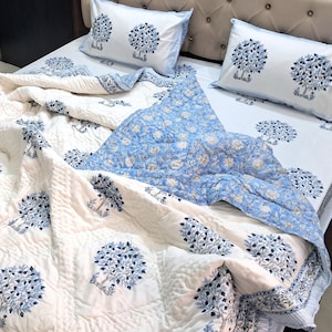 Light Blue Cotton Quilt, Hand Block Printed Quilted Throw Lightweight Blanket | Light Blue Cotton Duvet Cover Set