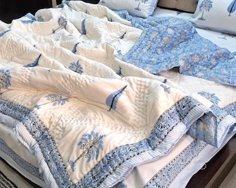 Block Print Quilt - Cotton Filled Lightweight Quilted Blanket, Hand Stitched Cotton Bedspread,