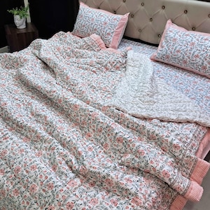 Handmade Luxury Bedding Comforter, Twin Queen King Size Quilt Bedspreads, Hand Block Print Pure Cotton Throw Lightweight Blanket Pink Quilts