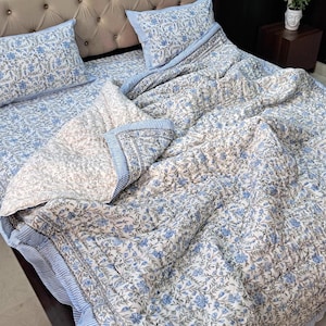 Light Blue Cotton Bed Sheet Set / Hand Quilted Cotton Blanket / Heritage Block Printed Duvet Cover Set