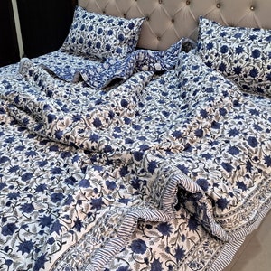 Navy Blue Cotton Bedding Set : Handmade Block Printed Quilt, Bed Sheet, Pillowcases / Quilted Bedspread Comforter Set