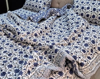 Blue Floral Reversible Bedding Set: Cotton Quilt, Extra Soft Bed Sheet and Shams | Jaipur Hand Block Printed Quilted Comforter Set