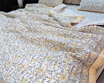 Pale Yellow Floral Hand Block Print Cotton Duvet Cover and Pillow Covers ~ Handmade Bedding Coverlet Boho Yellow and Gray Duvet Cover Set