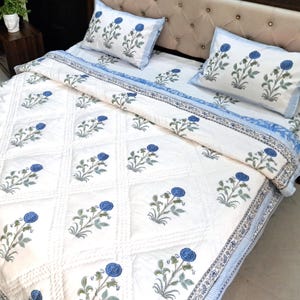 Sky Blue Floral Bed Sheet Set / Duvet Cover Set / Lightweight Blanket Quilted Throw / Hand Block Printed Cotton Bedding Coverlet