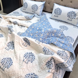 White Cotton Bedding Set - Handmade Cotton Quilt, Flat Bed Sheet and Pillow Covers | Indian Jaipuri Block Print Twin Queen King Comforter