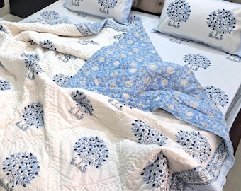 Luxury Blue Block Printed Bedding Set: Cotton Quilt, Bed sheet and Shams| Organic Cotton Filled Quilted Bedspread King Queen Quilts for Sale