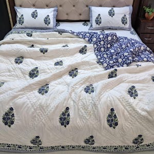 Couette en coton bottine fleurie bleu-vert / Couvre-lit courtepointe kantha cousu main / Ensemble housse de couette à fermeture éclair / Cadeaux de Noël