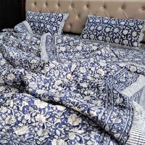 Indigo Blue Floral Print Quilt, Bedsheet and Pillow Shams : 100% Pure Cotton Bedding Set | Wood Block Print Comforter Set, Fathers Day GIfts