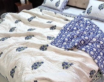 Blue and Green Floral Quilt Reversible Cotton Filled Kantha Quilt Hand Block Printed King Bedspread | Blue and Green Duvet Cover Set