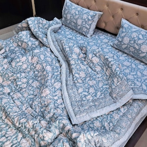 Aqua Blue Bedding Set : Cotton Filled Quilt, Pure Cotton Bed Sheet and 2 Pillow Shams, Hand Block Printed