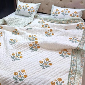 Sunshine Blooms Yellow Floral Quilts for Sale: Hand Block Printed Cotton Quilt Bedspread | Handmade Quilted Comforter Lightweight Blanket
