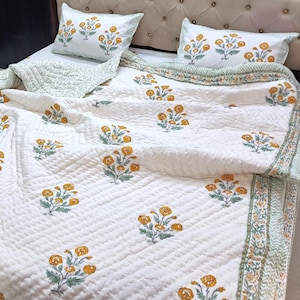 Yellow Floral Cotton Quilt: Hand Block Printed Quilted Bedspread | Organic Cotton Lightweight Blanket | All Season Quilts for Sale