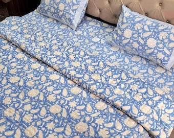 Pale Blue Cotton Quilted Blanket Hand Block Printed Cotton Quilt Bedspread, Extra Soft Cotton Throw Quilted Dohar Jaipuri Razai