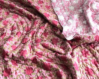 Rose Pink Cotton Quilt, Indian Hand Block Printed Quilt Bedspread, Floral Printed Queen Comforter, Queen Size Quilt, Block Printed Bedspread