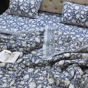 Solid Blue Floral Bedsheet set, Cozy & Soft Cotton Quilt, Handmade Duvet Cover Set, Boho Bedding Comforters