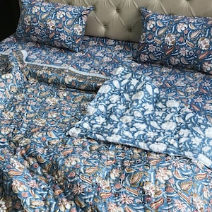 Comforter Set, Blue Red Floral King Size Bedding Set - Pure Cotton Blue Quilt, Boho Bed Sheet & Maching Pillow Shams. Bedding Comforters