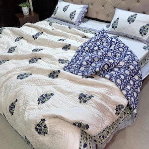 Green & Blue Floral Bedspread Bedding set-Cotton Quilt Lightweight Blanket, Pure Cotton Jaipuri Bed sheet and Pillow Shams White Comforter