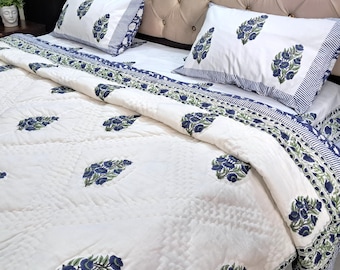 Beautiful Blue Luxury Cotton Quilt Blue Botanical Quilted Bedspread | White Cotton Duvet Cover Set | Hand Block Printed Bedding Coverlet