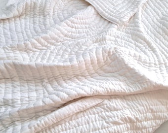 Solid White Cotton Kantha Quilt Hand Stitched Plain White Thread Handmade Reversible Kantha Bedding Kantha Quilt, Lightweight Throw Blanket