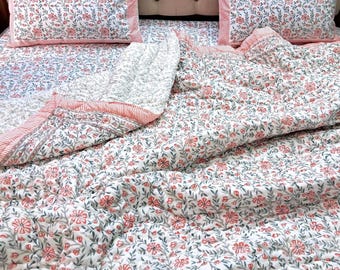 Baby Pink Floral Cotton Bedding Set: Block Printed Quilt, Bed Sheet & Shams | Organic Cotton Filled Kantha Quilt Bedspread King Comforter